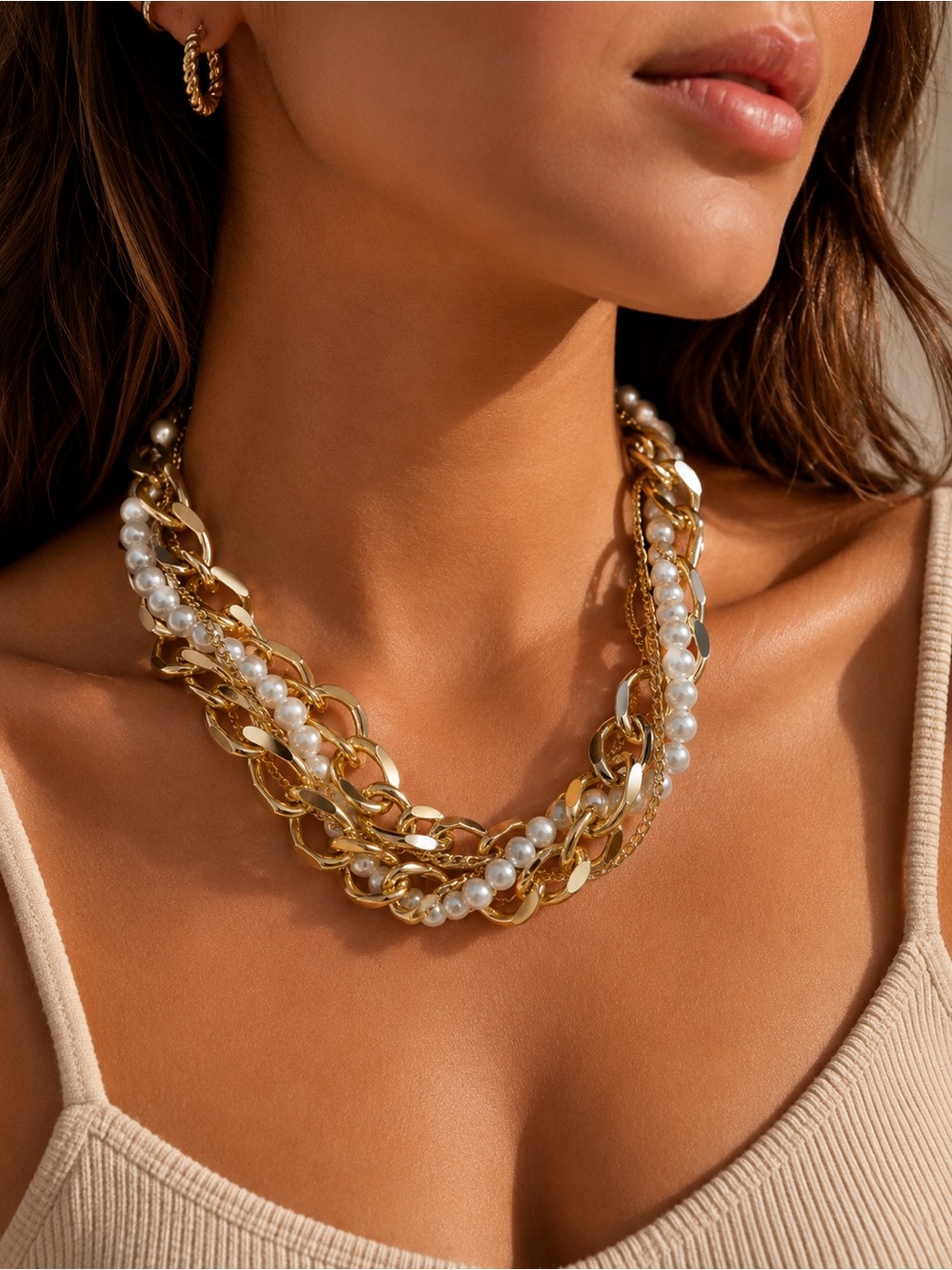 Gold and White Pearl Layered Chain Necklace - Picture 3 of 3